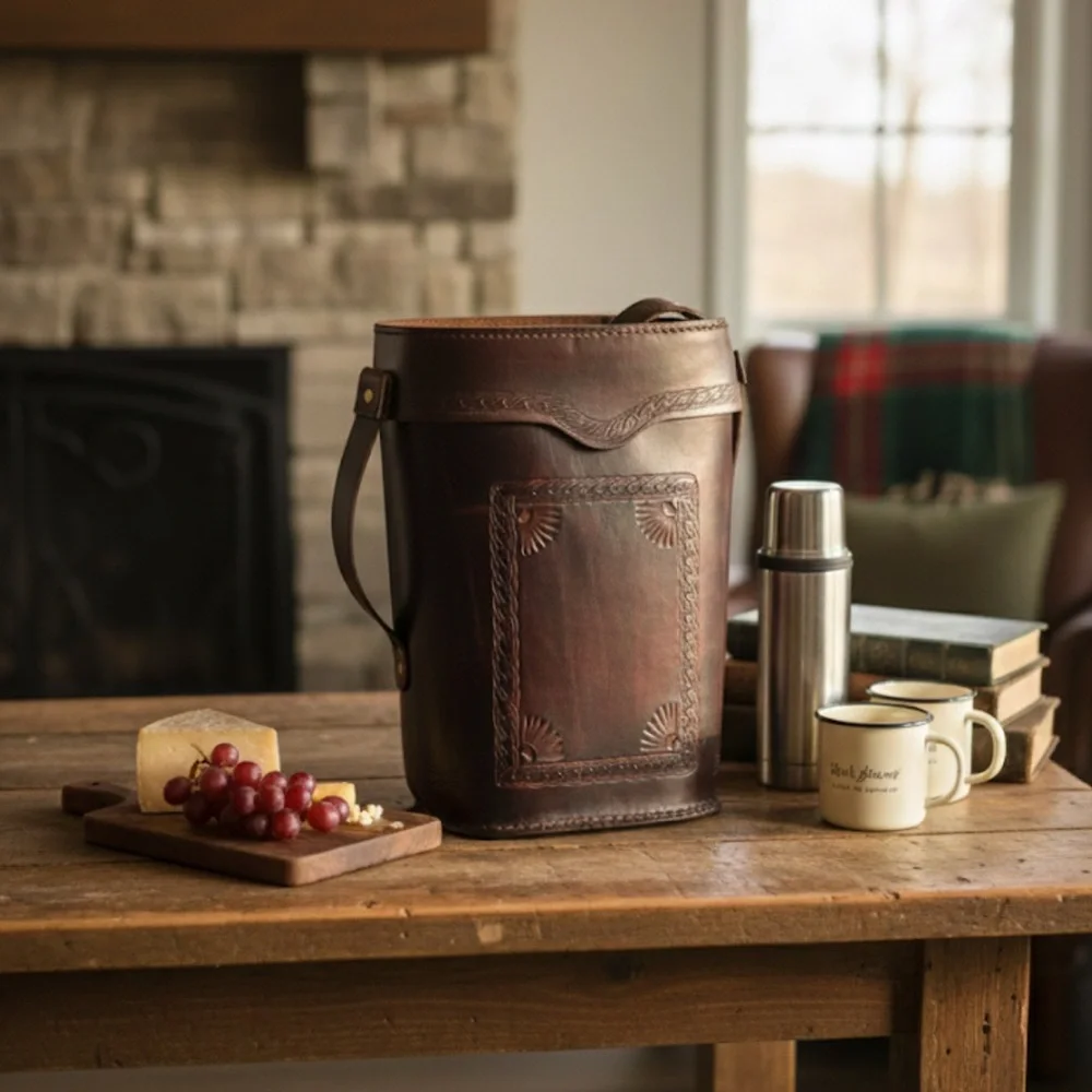 Vintage Tooled Leather Double Wine Bottle Carrying Case - Picture 1 of 16